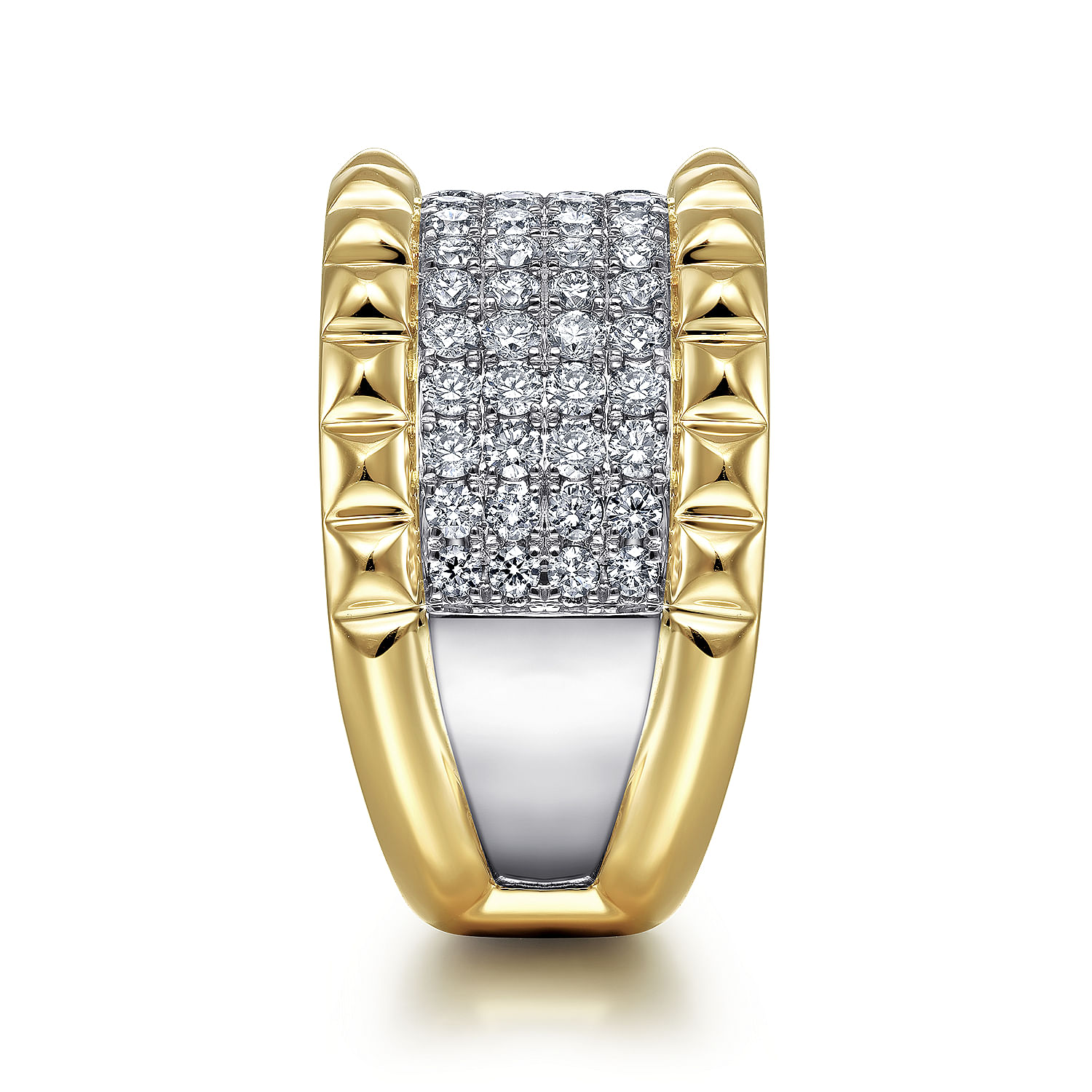 14K White-Yellow Gold Wide Diamond and Pyramid Ring