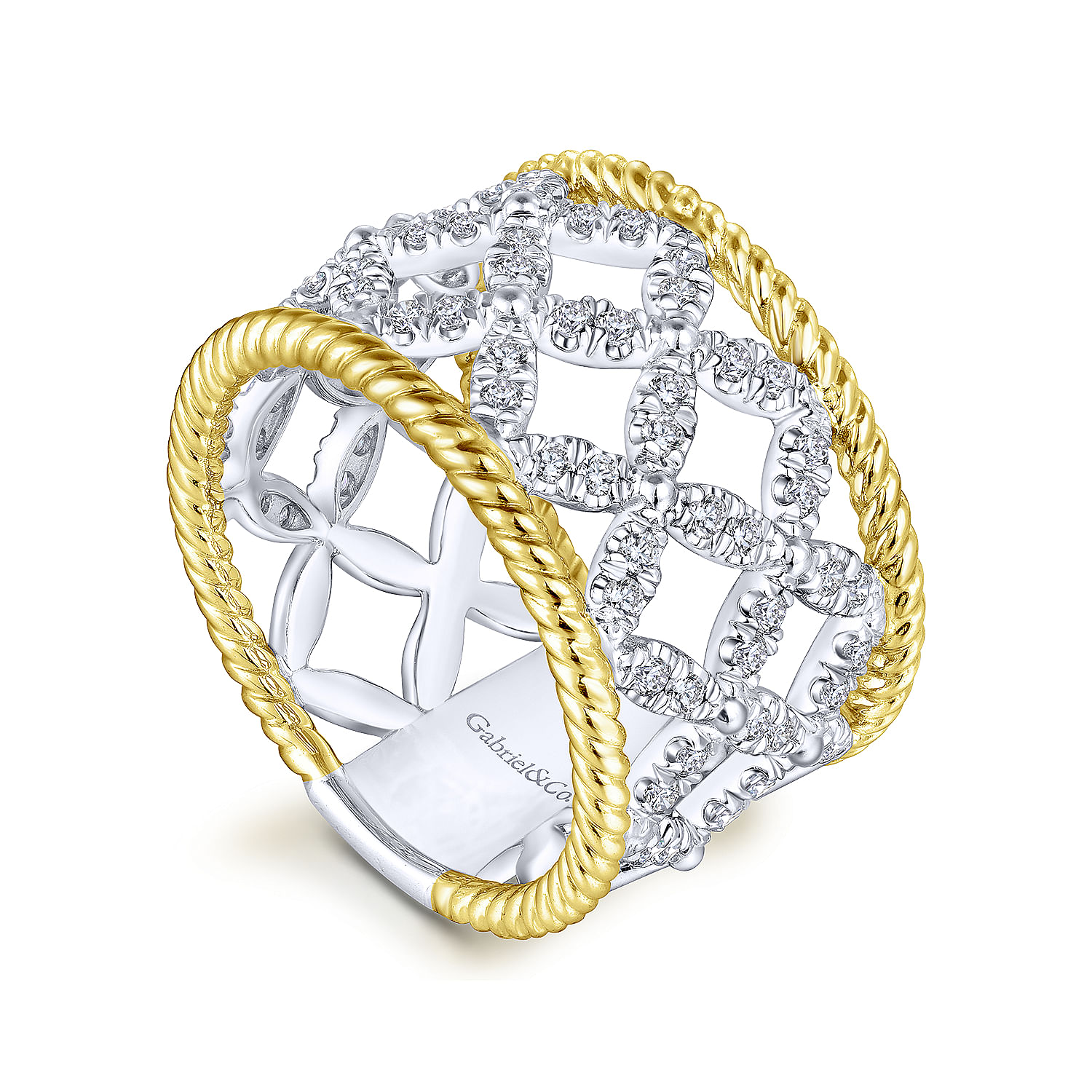 14K White-Yellow Gold Wide Open Pattern Diamond Ring with Twisted Rope Edge