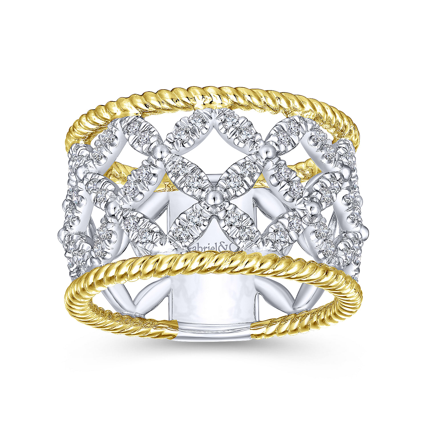 14K White-Yellow Gold Wide Open Pattern Diamond Ring with Twisted Rope Edge