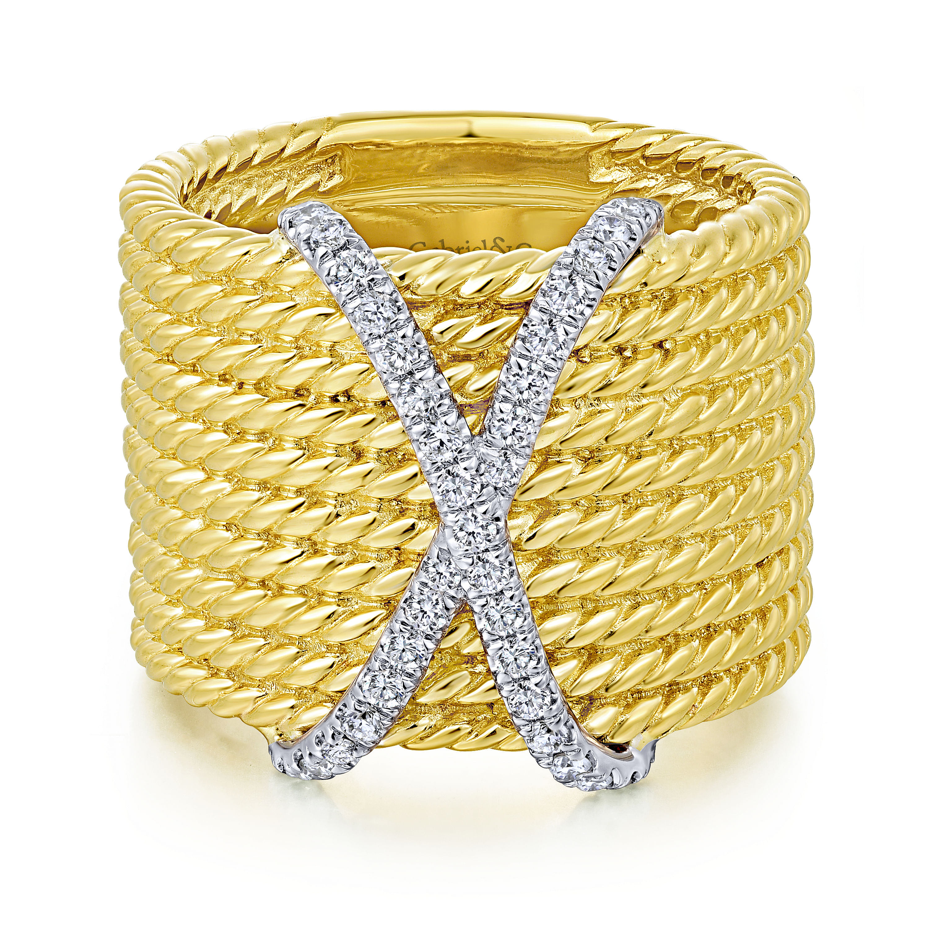 14K White-Yellow Gold Wide Twisted Rope Ring with Diamond X Center