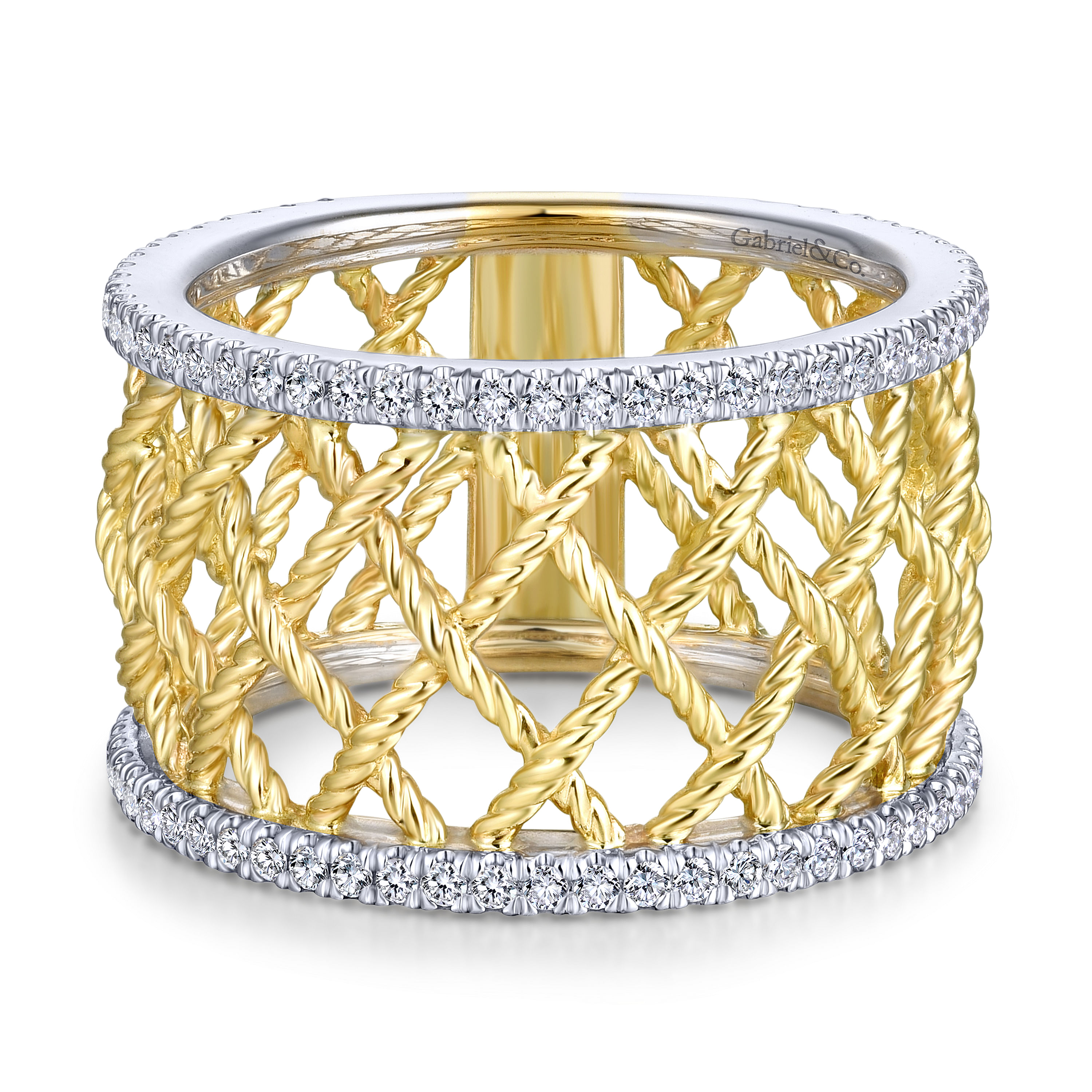 14K White-Yellow Gold Woven Grid Wide Band Diamond Ring
