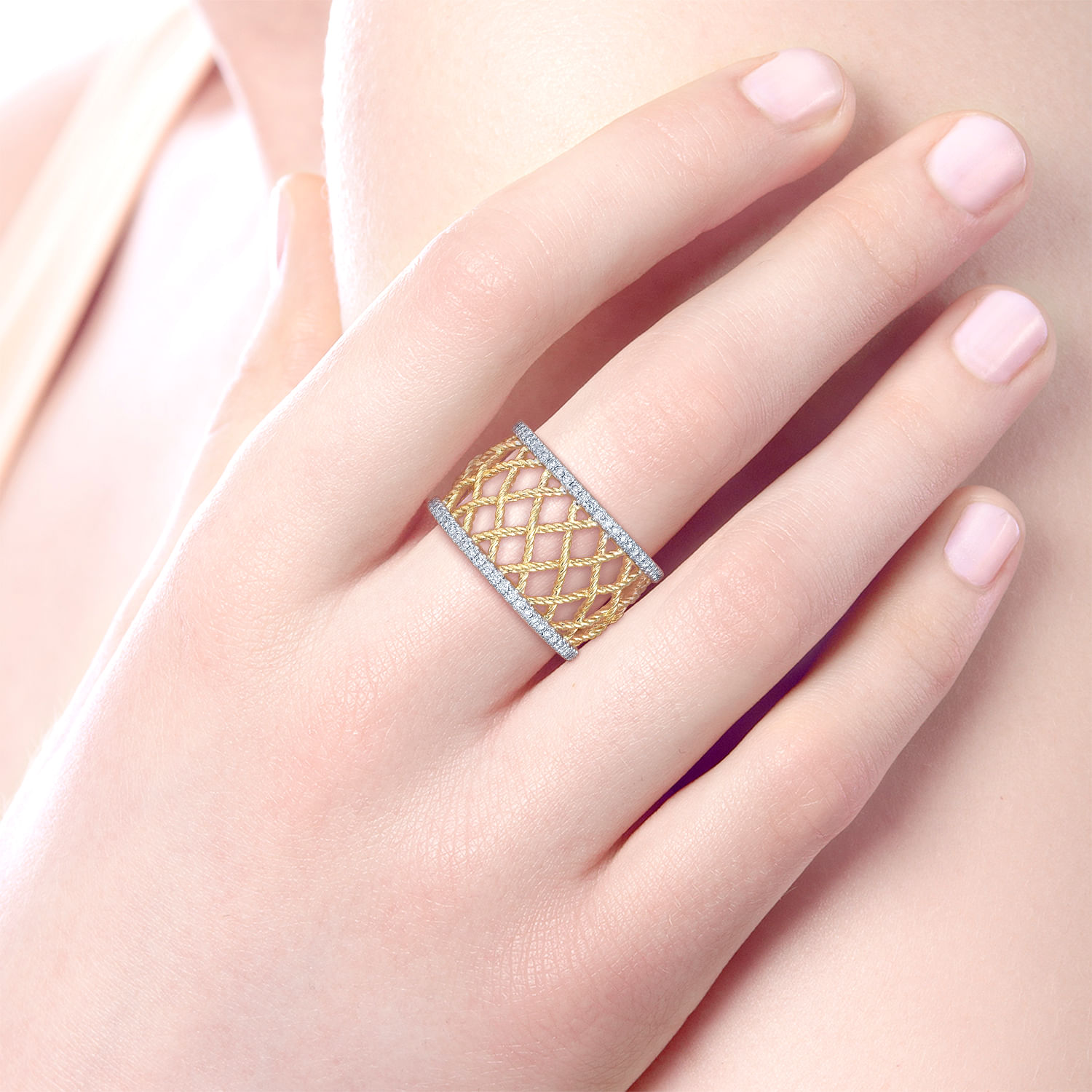 14K White-Yellow Gold Woven Grid Wide Band Diamond Ring
