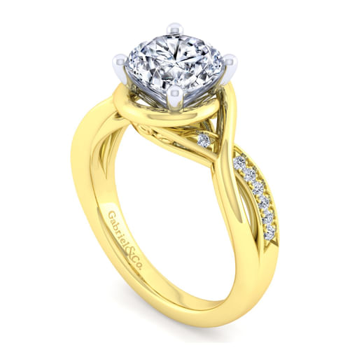 14K White-Yellow Twisted Gold Round Diamond Engagement Ring