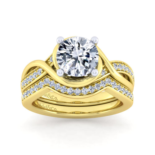 14K White-Yellow Twisted Gold Round Diamond Engagement Ring
