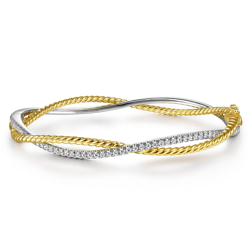 14K White-Yellow Twisted Rope and Diamond Bangle