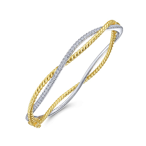 14K White-Yellow Twisted Rope and Diamond Bangle