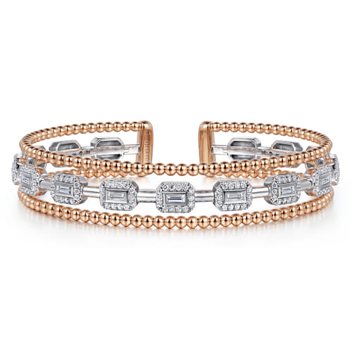 14K White and Rose Gold #6.25 Baguettes Shape Bujukan Bangle With 3 Rolls
