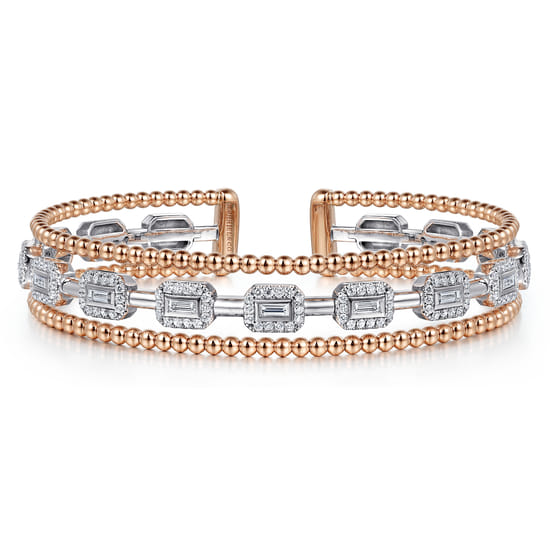 14K White and Rose Gold #6.25 Baguettes Shape Bujukan Bangle With 3 Rolls