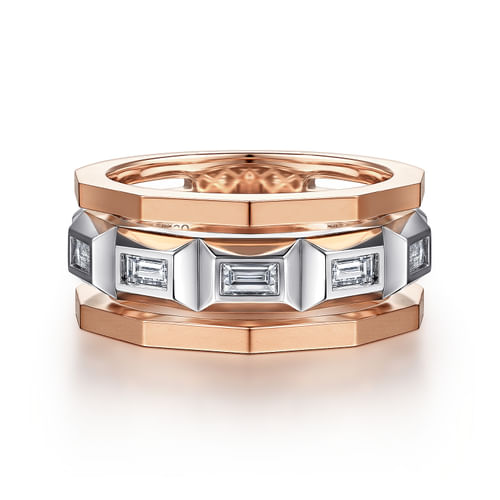 14K White and Rose Gold Faceted Ring with Diamond Baguettes in High Polished Finish