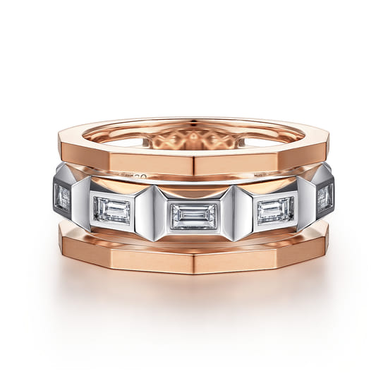 14K White and Rose Gold Faceted Ring with Diamond Baguettes in High Polished Finish