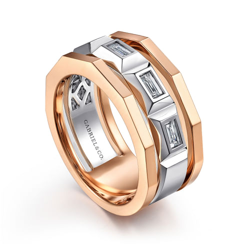 14K White and Rose Gold Faceted Ring with Diamond Baguettes in High Polished Finish