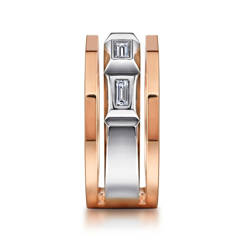 14K White and Rose Gold Faceted Ring with Diamond Baguettes in High Polished Finish