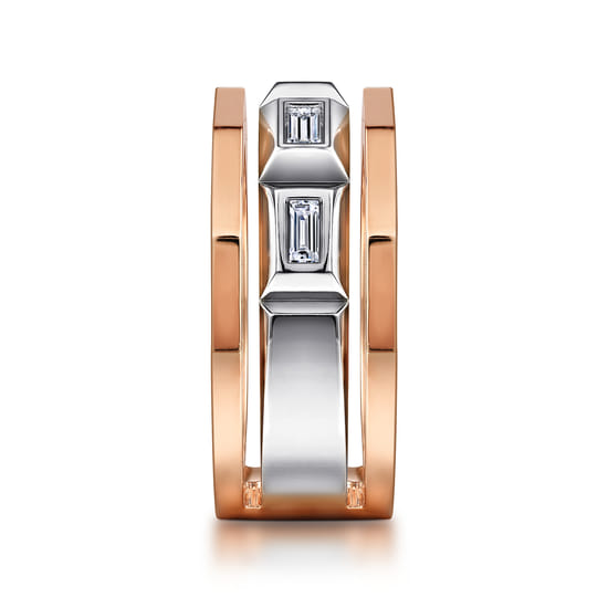 14K White and Rose Gold Faceted Ring with Diamond Baguettes in High Polished Finish angle 4