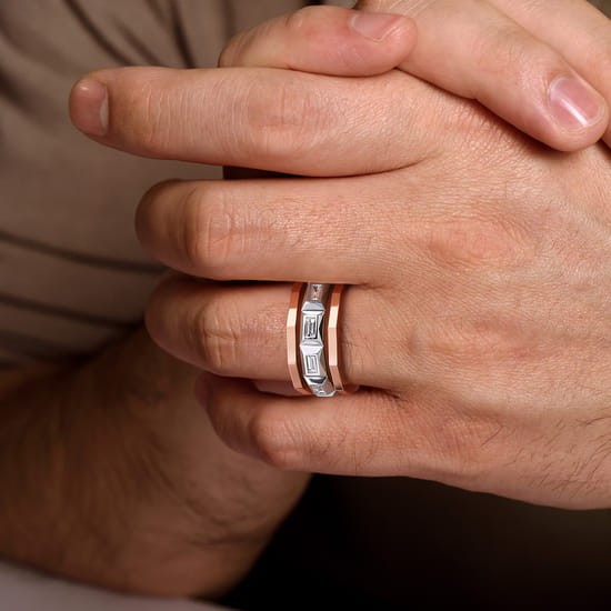 14K White and Rose Gold Faceted Ring with Diamond Baguettes in High Polished Finish angle 5
