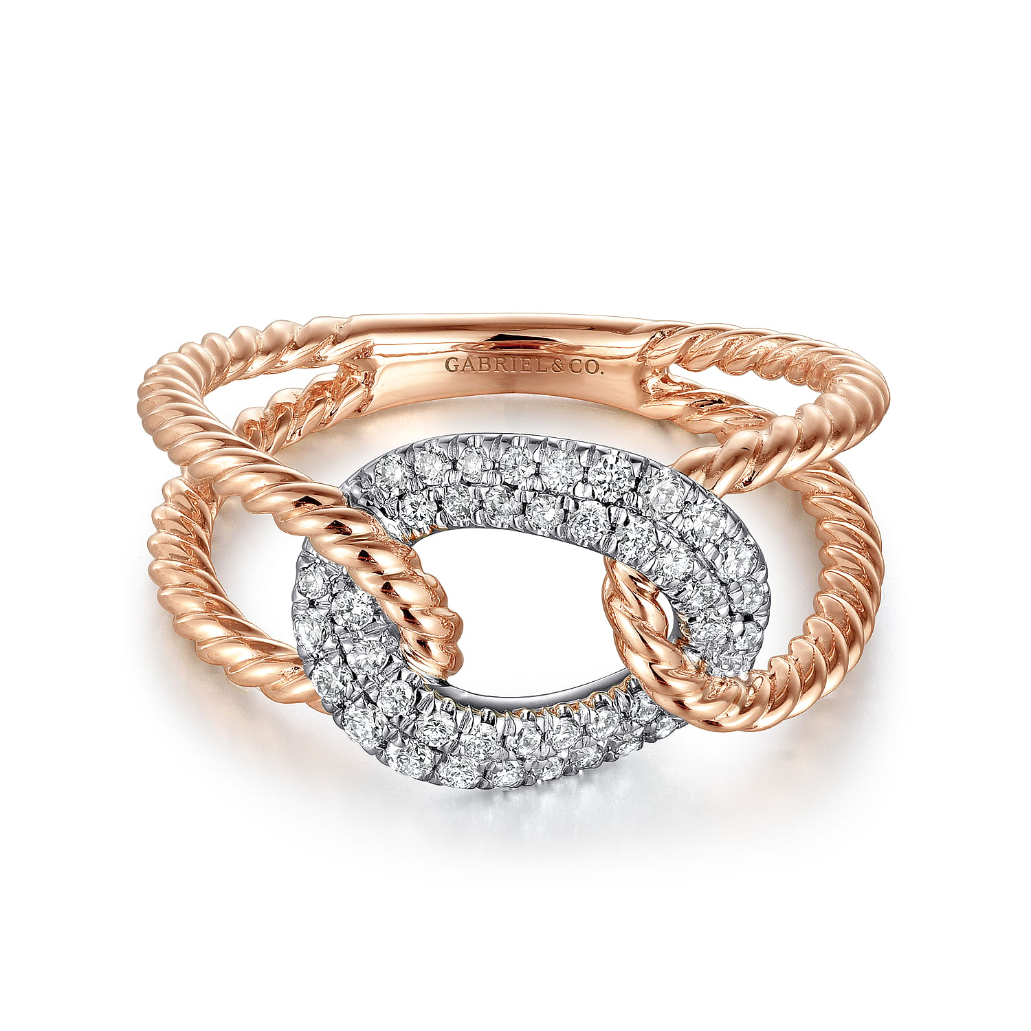 14K White and Rose Gold Twisted Rope Link Ring with Diamond Pavé Station