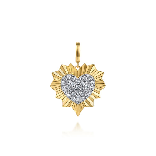 14K White and Yellow Gold 24mm Diamond Pavé and Diamond Cut Finish Heart Medallion Pendant With Detachable Bail
