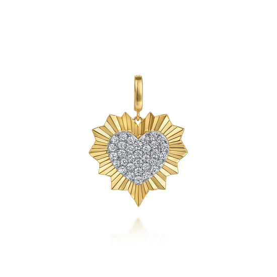 14K White and Yellow Gold 24mm Diamond Pavé and Diamond Cut Finish Heart Medallion Pendant With Detachable Bail
