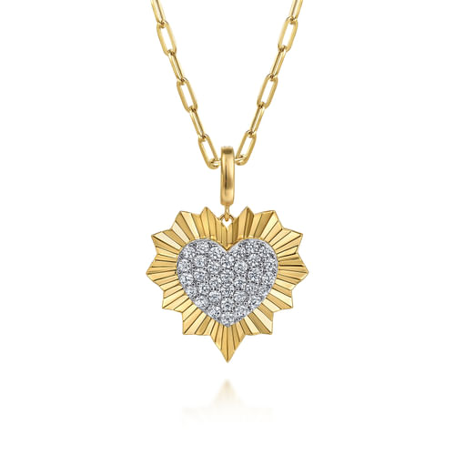 14K White and Yellow Gold 24mm Diamond Pavé and Diamond Cut Finish Heart Medallion Pendant With Detachable Bail