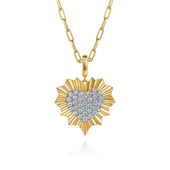 14K White and Yellow Gold 24mm Diamond Pavé and Diamond Cut Finish Heart Medallion Pendant With Detachable Bail angle 3