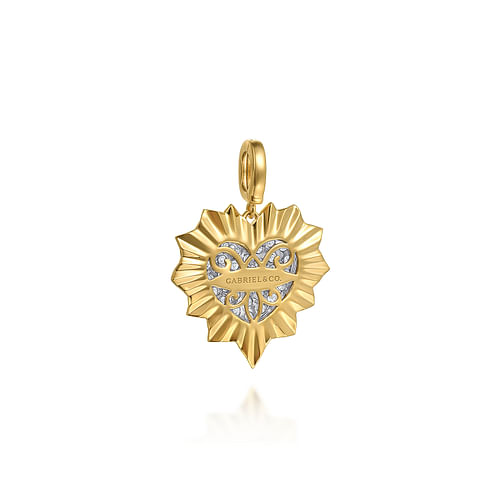 14K White and Yellow Gold 24mm Diamond Pavé and Diamond Cut Finish Heart Medallion Pendant