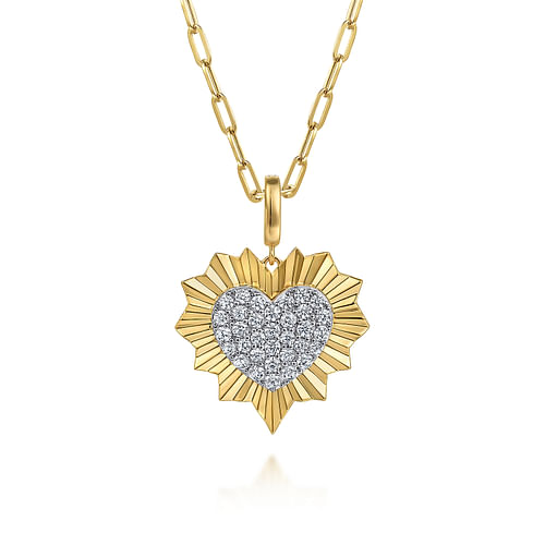 14K White and Yellow Gold 24mm Diamond Pavé and Diamond Cut Finish Heart Medallion Pendant