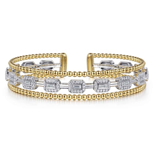 14K White and Yellow Gold #6.25 Baguettes Shape Bujukan Bangle With 3 Rolls