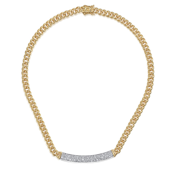 14K White and Yellow Gold 6mm Solid Cuban Link Chain Necklace with Pavé Diamond Bar angle 2