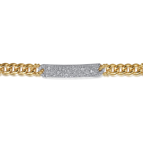 14K White and Yellow Gold 8mm Hollow Cuban Link Chain Bracelet with Pavé Diamond ID Plate