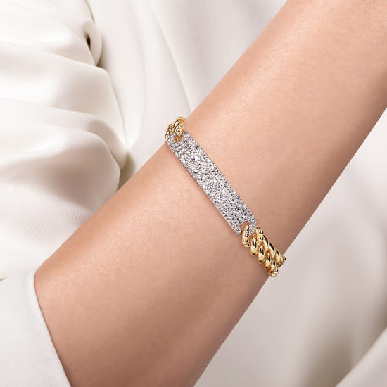 14K White and Yellow Gold 8mm Hollow Cuban Link Chain Bracelet with Pavé Diamond ID Plate angle 3