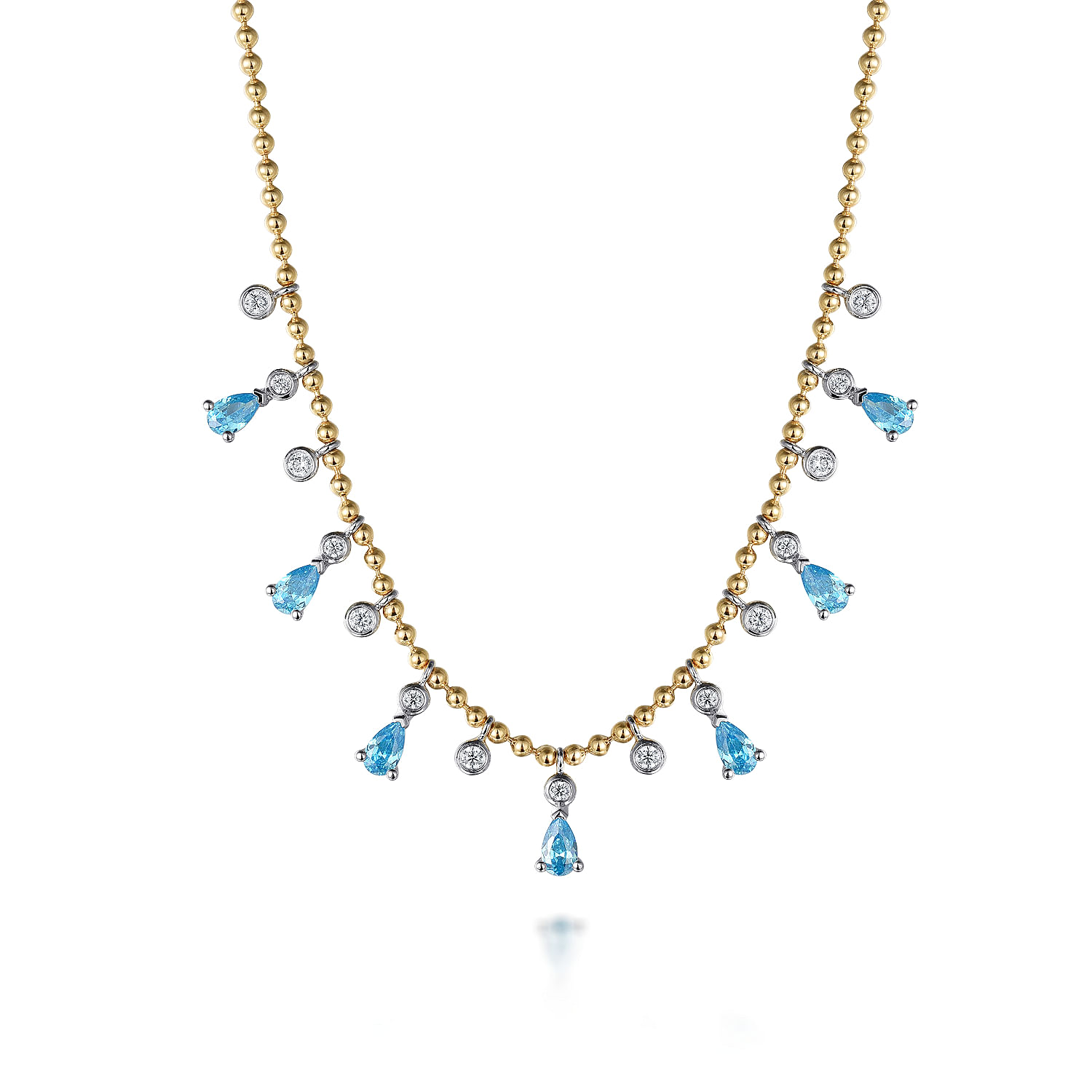 14K White and Yellow Gold Bead Chain Diamond and Blue Topaz Droplet Necklace