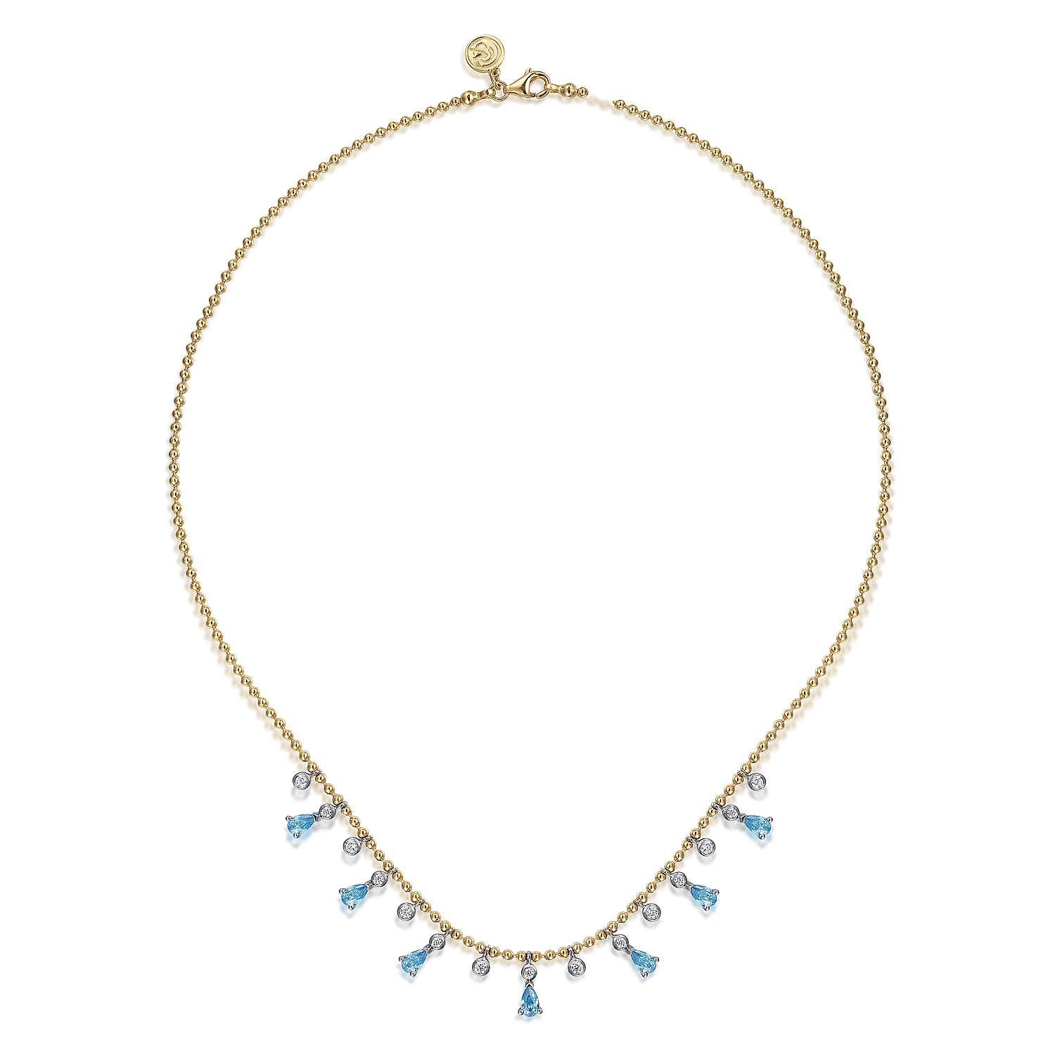 14K White and Yellow Gold Bead Chain Diamond and Blue Topaz Droplet Necklace