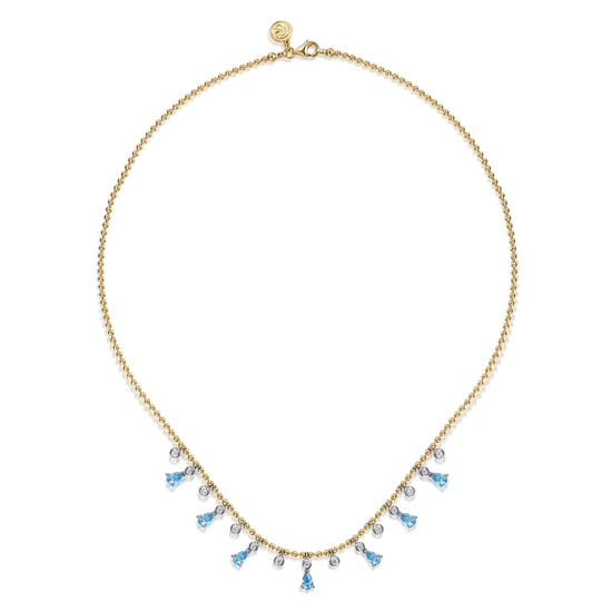 14K White and Yellow Gold Bead Chain Diamond and Blue Topaz Droplet Necklace angle 2
