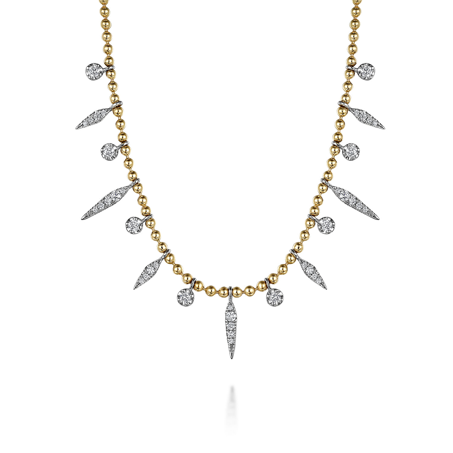 14K White and Yellow Gold Bead Chain and Diamond Droplet Necklace