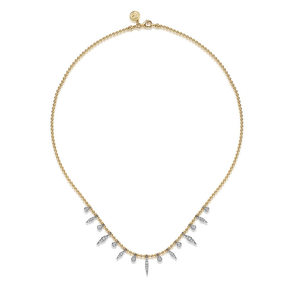 14K White and Yellow Gold Bead Chain and Diamond Droplet Necklace angle 2
