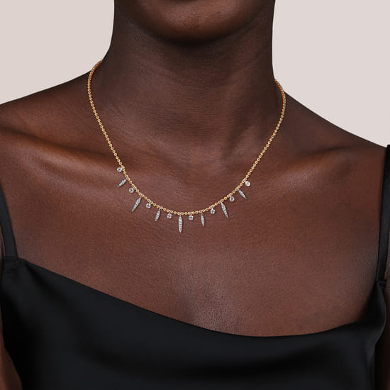 14K White and Yellow Gold Bead Chain and Diamond Droplet Necklace angle 3