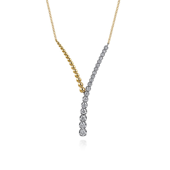 14K White and Yellow Gold Bujukan Beads and Diamond Y Necklace