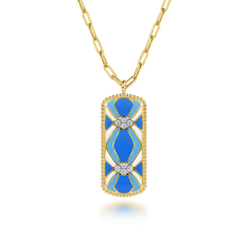 14K White and Yellow Gold Bujukan Diamond Dog Tag Pendant Necklace with Blue and Dust Blue and White Enamel