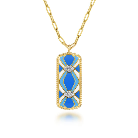 Gabriel - 14K White and Yellow Gold Bujukan Diamond Dog Tag Pendant Necklace with Blue and Dust Blue and White Enamel