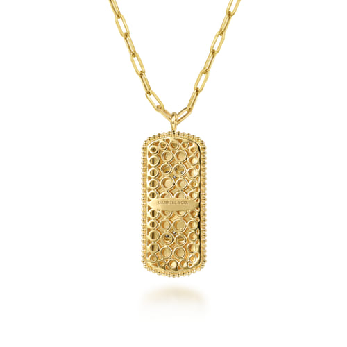 14K White and Yellow Gold Bujukan Diamond Dog Tag Pendant Necklace with Blue and Dust Blue and White Enamel