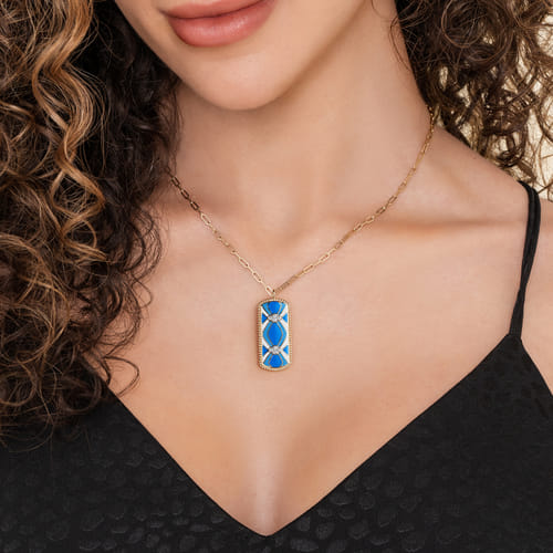 14K White and Yellow Gold Bujukan Diamond Dog Tag Pendant Necklace with Blue and Dust Blue and White Enamel