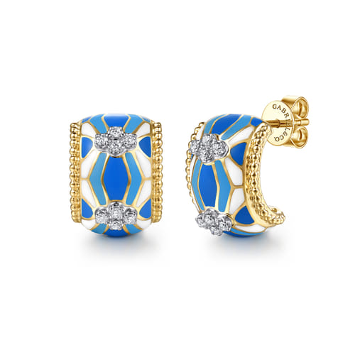 14K White and Yellow Gold Bujukan Diamond J Hoop Earrings with Blue and Dust Blue and White Enamel 14K White and Yellow Gold Bujukan Diamond J Hoop Earrings with Blue and Dust Blue and White Enamel