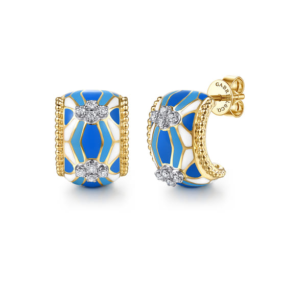 Gabriel - 14K White and Yellow Gold Bujukan Diamond J Hoop Earrings with Blue and Dust Blue and White Enamel
