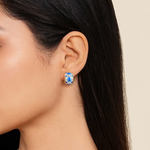 14K White and Yellow Gold Bujukan Diamond J Hoop Earrings with Blue and Dust Blue and White Enamel 14K White and Yellow Gold Bujukan Diamond J Hoop Earrings with Blue and Dust Blue and White Enamel