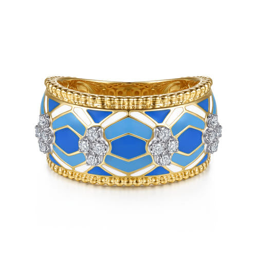 14K White and Yellow Gold Bujukan Diamond Wide Band with Blue and Dust Blue and White Enamel 14K White and Yellow Gold Bujukan Diamond Wide Band with Blue and Dust Blue and White Enamel