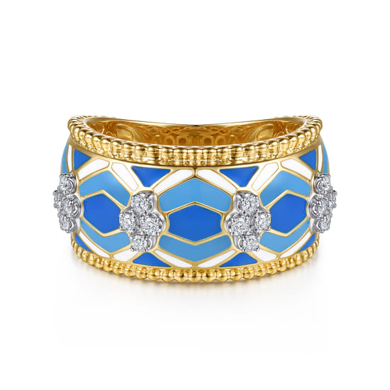 Gabriel - 14K White and Yellow Gold Bujukan Diamond Wide Band with Blue and Dust Blue and White Enamel