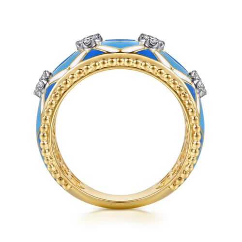 14K White and Yellow Gold Bujukan Diamond Wide Band with Blue and Dust Blue and White Enamel 14K White and Yellow Gold Bujukan Diamond Wide Band with Blue and Dust Blue and White Enamel