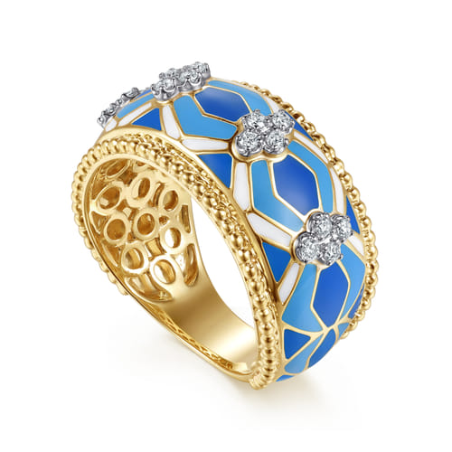 14K White and Yellow Gold Bujukan Diamond Wide Band with Blue and Dust Blue and White Enamel 14K White and Yellow Gold Bujukan Diamond Wide Band with Blue and Dust Blue and White Enamel