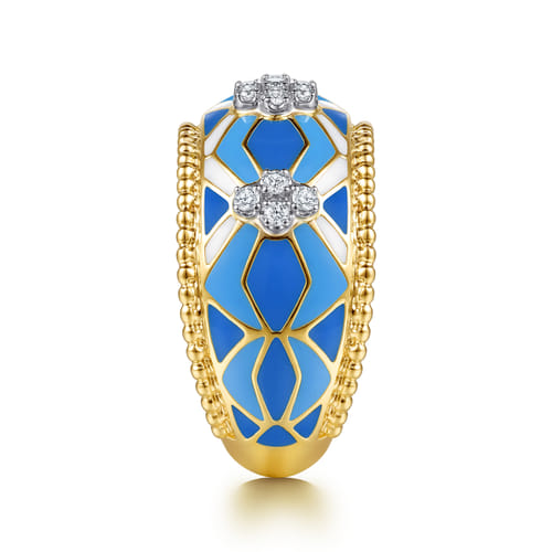 14K White and Yellow Gold Bujukan Diamond Wide Band with Blue and Dust Blue and White Enamel 14K White and Yellow Gold Bujukan Diamond Wide Band with Blue and Dust Blue and White Enamel
