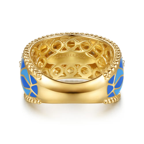 14K White and Yellow Gold Bujukan Diamond Wide Band with Blue and Dust Blue and White Enamel 14K White and Yellow Gold Bujukan Diamond Wide Band with Blue and Dust Blue and White Enamel