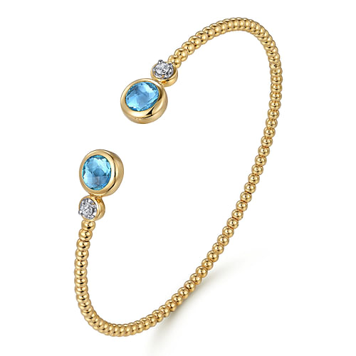 14K White and Yellow Gold Bujukan Diamond and Blue Topaz Bangle